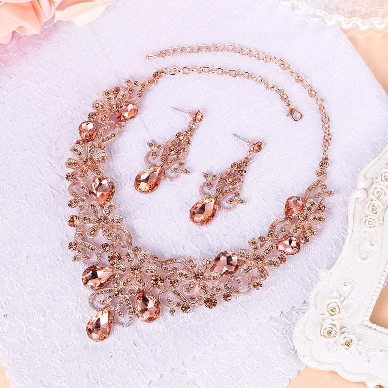 BriLove Women's Costume Elegant Crystal Flower Scroll Teardrop Statement Necklace Dangle Earrings Set Peach Morganite Color Rose-Gold-Toned - Image 3